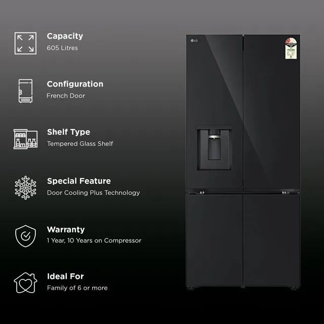 LG 605 Litres 2 Star Frost Free French Door Smart Wifi Enabled Refrigerator with Automatic Ice Maker (GV-F25FFGHB, Black Glass)-OPEN BOX