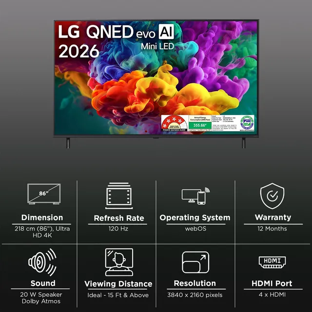 LG evo AI 218 cm (86 inch) 4 Star QNED Mini LED 4K Ultra HD Smart webOS TV with Intelligent Voice Recognition (2026 model)-OPEN BOX