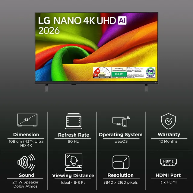 LG Nano AI 43NU885BPLA 108 cm (43 inch) 2 Star 4K Ultra HD Smart webOS 26 TV with AI Hub (2026 model)-open box