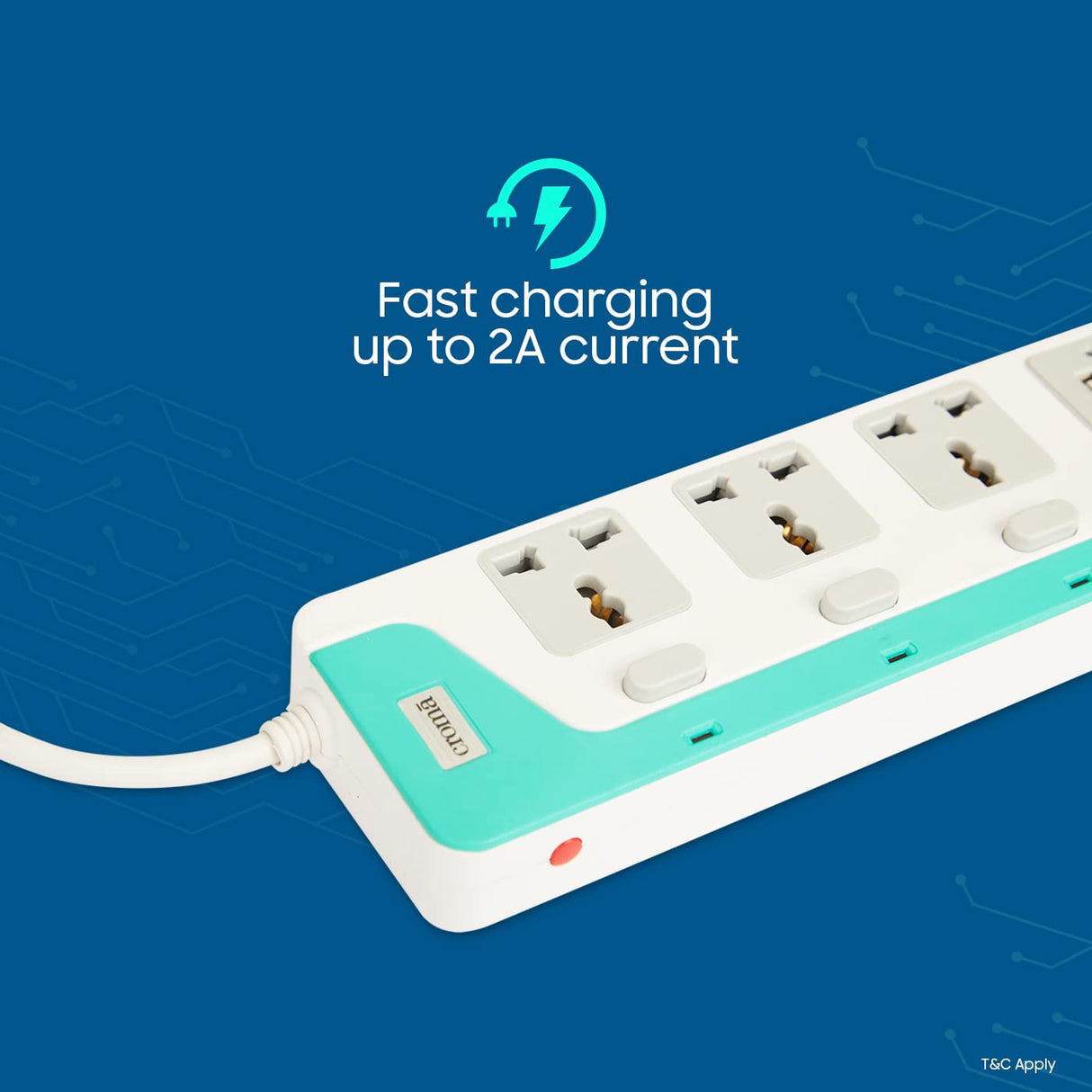 Croma 4 Way Extension Board Surge Protector with 2 USB Charging Ports and 4 Universal Socket - 10 Amp 3meter Heavy Duty Wire (CRCP1001, White and Blue) (OPENBOX)