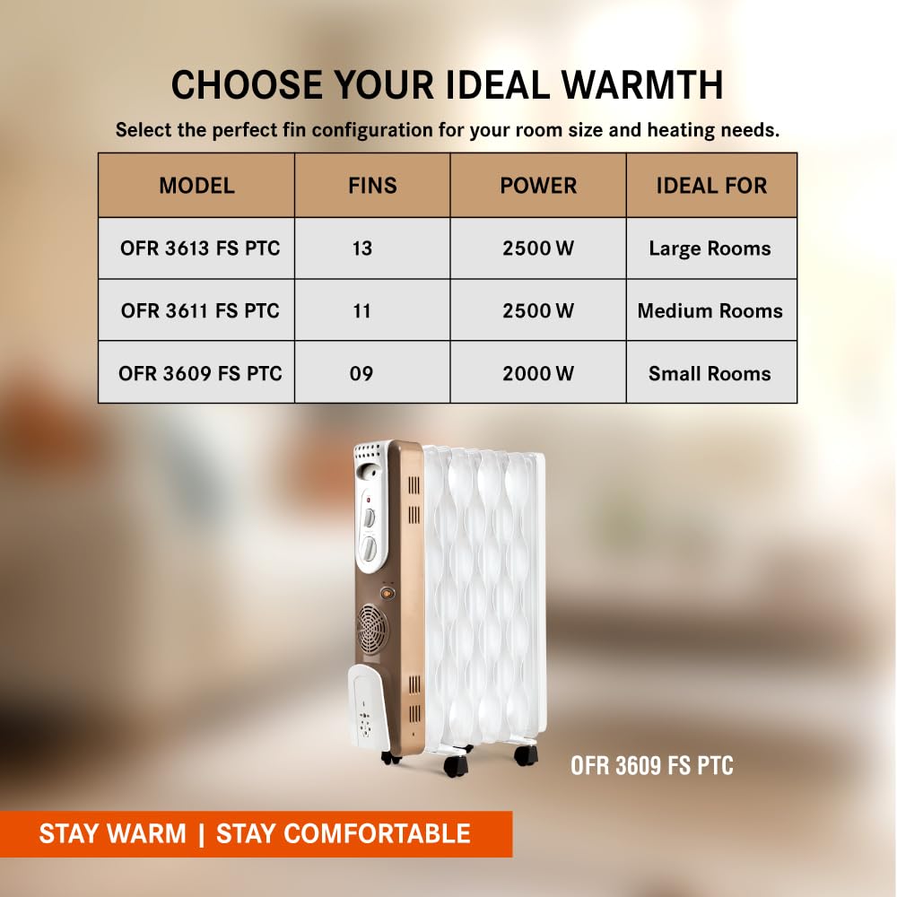 USHA 9 Fin Oil Filled Room Heater (OFR) | 2400W | ISI Approved | PTC Fan Heater | In-built tip over Safety Switch | White OPEN BOX