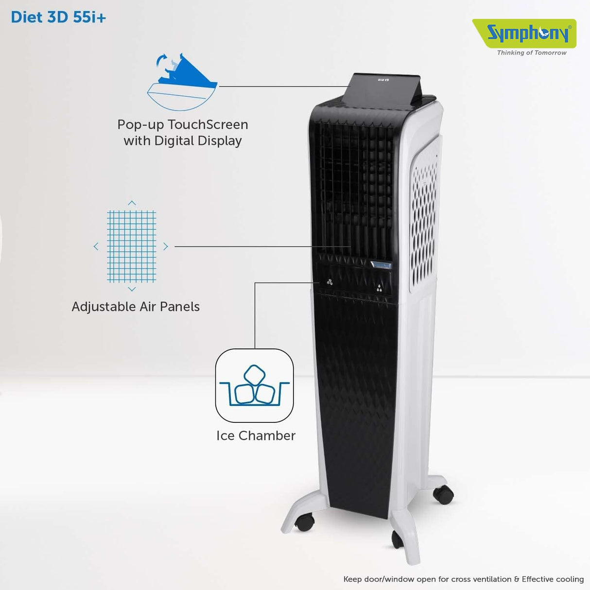 Symphony Diet 3D 55i+ Portable Tower Air Cooler For Home with 3-Side Honeycomb Pads, Magnetic Remote, i-Pure Technology and Automatic Pop-Up Touchscreen (OPENBOX)