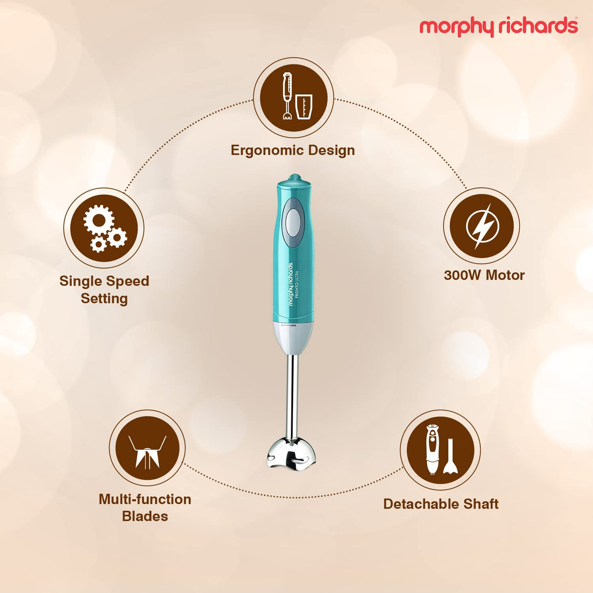 Morphy Richards Plastic Pronto Ultra 300W Hand Blender for Kitchen with Multifunctional Blade & Detachable Shaft, Blue, 300 Watt (OPENBOX)