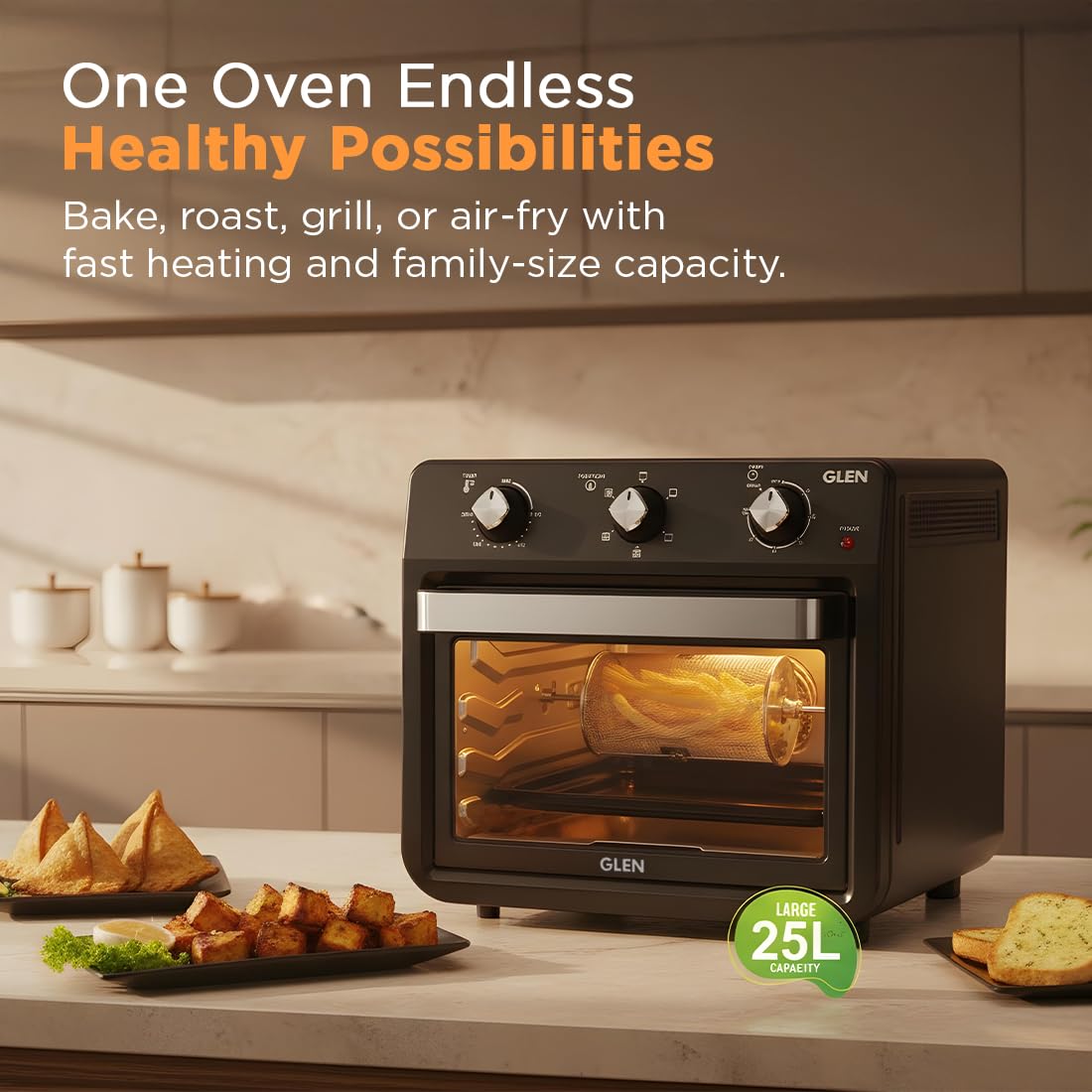 Glen Large Air Fryer Oven 25L 1800W, with Rotisserie, 6 Functions, Time & Temp Control, 3 Trays & 4 Accessories | All in One Airfryer Oven: Grill, Bake, Fry & Roast - OPEN BOX