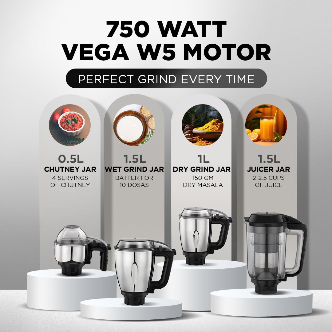 Preethi Zodiac Cosmo MG236 Mixer Grinder 750 watt with 5 Jars Includes Super Extractor juicer Jar & Master Chef + Food Processor Jar, Black (OPENBOX)