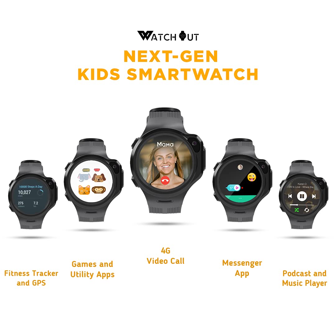 WatchOut Wearables Next-Gen Kids Smartwatch with 4G Video Call, Music, Games, Anti-Theft and Parental Control (Space Grey), Fits All (OPENBOX)