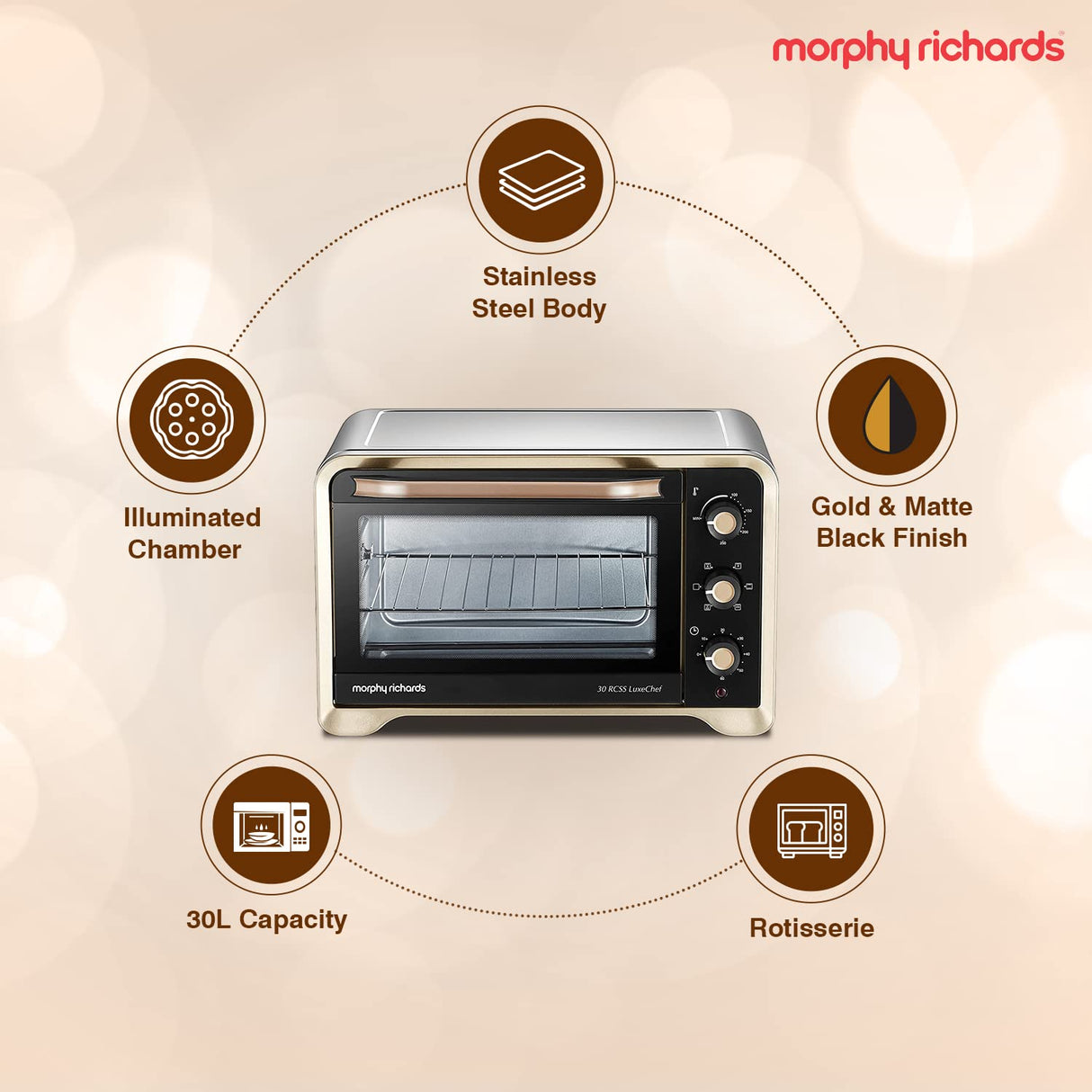 Morphy Richards 30Rcss Otg Oven For Kitchen|30 Litre Oven Toaster Griller|Convection Fan&Rotisserie Function|Stainless Steel Oven|Temperature Control|2-Yr Warranty By Brand|Gold&Black,1600 Watts (OPENBOX)