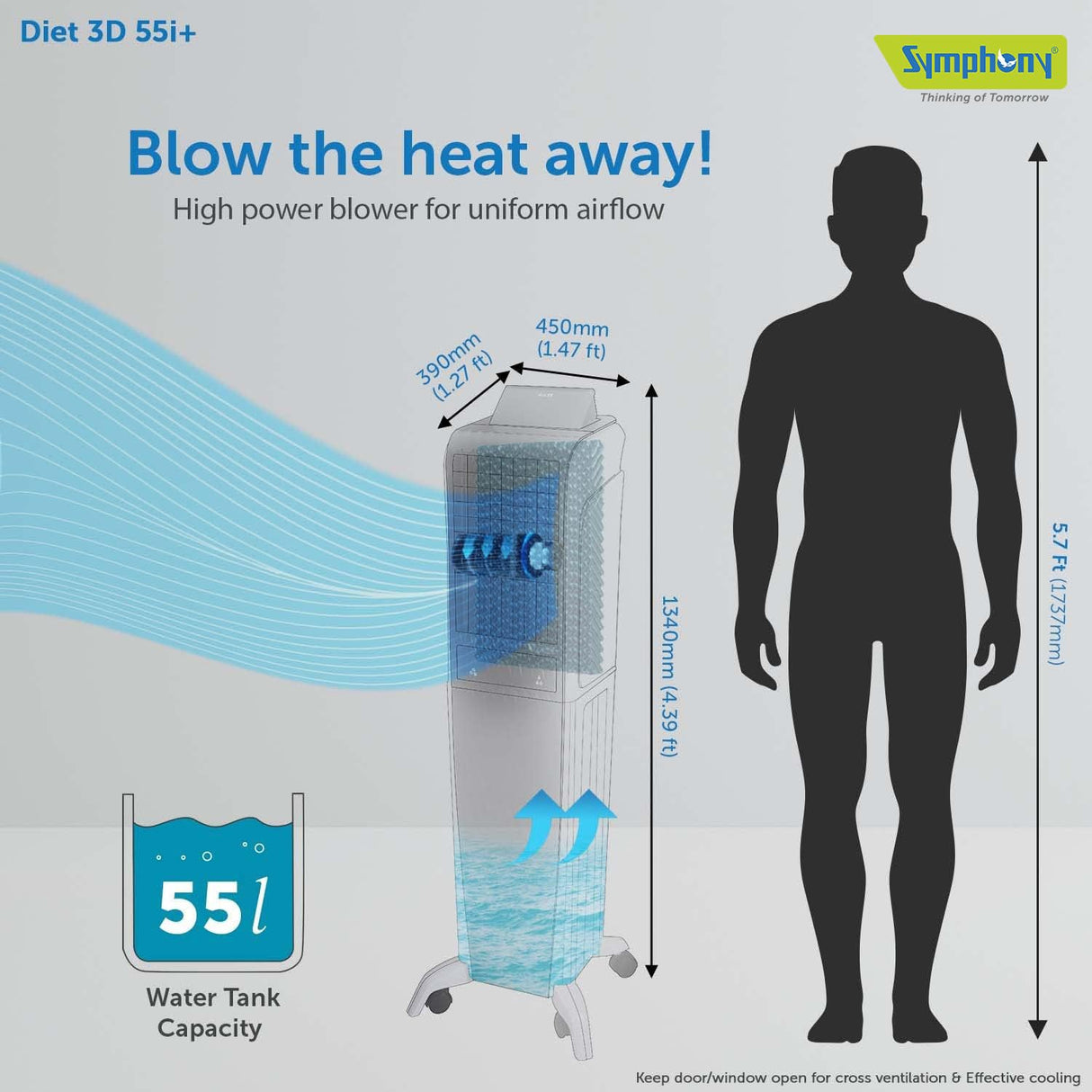 Symphony Diet 3D 55i+ Portable Tower Air Cooler For Home with 3-Side Honeycomb Pads, Magnetic Remote, i-Pure Technology and Automatic Pop-Up Touchscreen (OPENBOX)