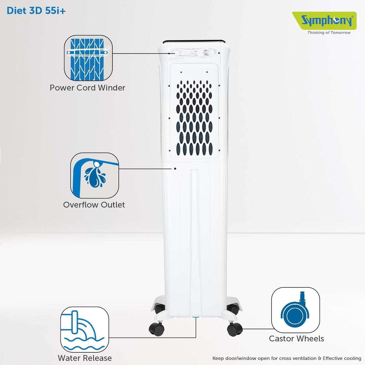 Symphony Diet 3D 55i+ Portable Tower Air Cooler For Home with 3-Side Honeycomb Pads, Magnetic Remote, i-Pure Technology and Automatic Pop-Up Touchscreen (OPENBOX)