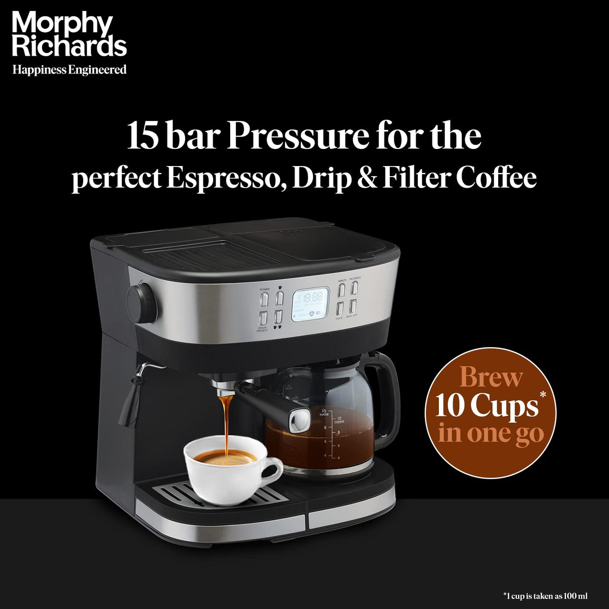 Morphy Richards DuoPresso 2-in-1 Coffee Maker|Drip & Espresso| 15 bar Pressure| Digital Display|Removable Drip Tray| Upto 10 cups* of Coffee| Keep Warm Tray (OPENBOX)