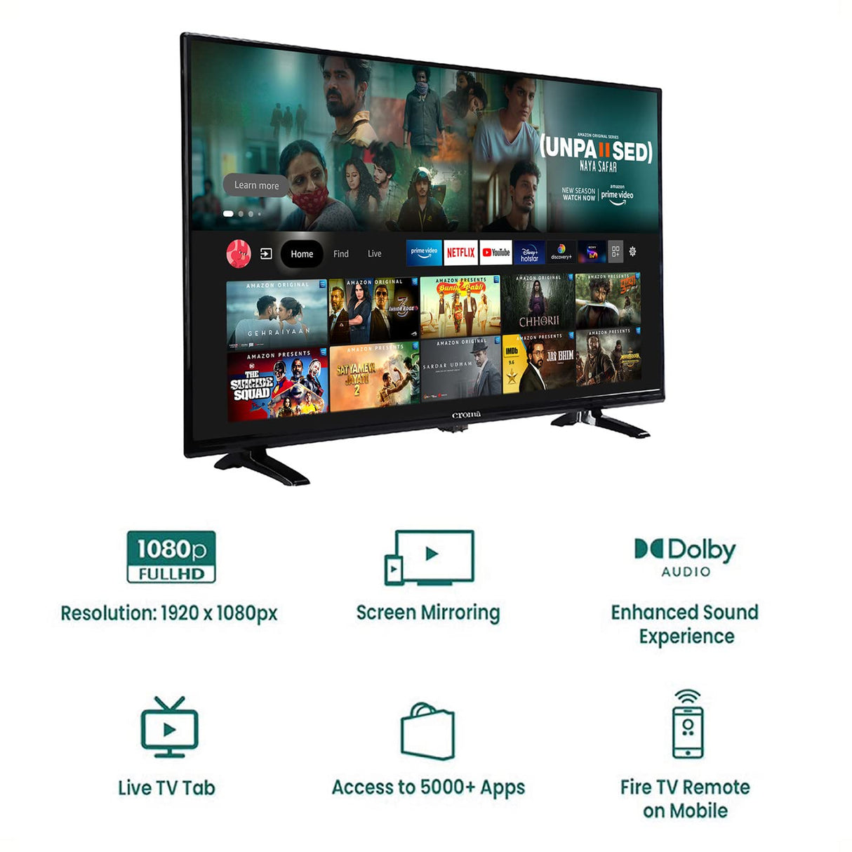 Croma 108 cm (43 inches) Fire TV Edition Full HD Smart LED TV (CREL7365, Black) (OPENBOX)