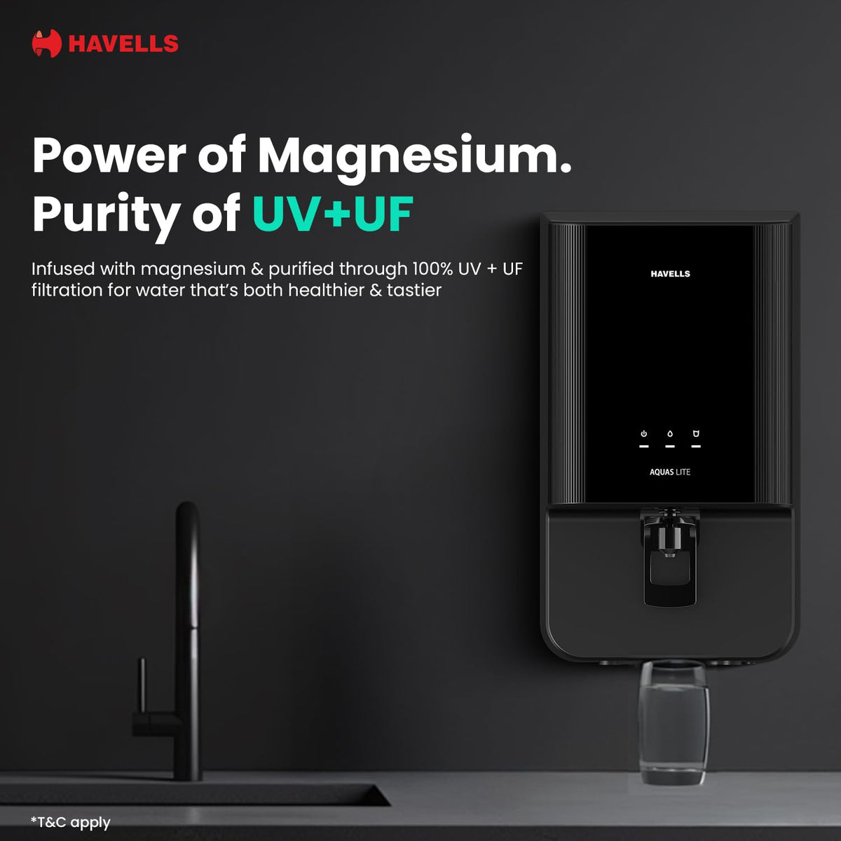 Havells Aquas Lite Water Purifier, UV + UF Purification, 4-stages, 7L Storage, Ideal for Municipal Water, Significant water savings, BIS Approved, Black - OPEN BOX