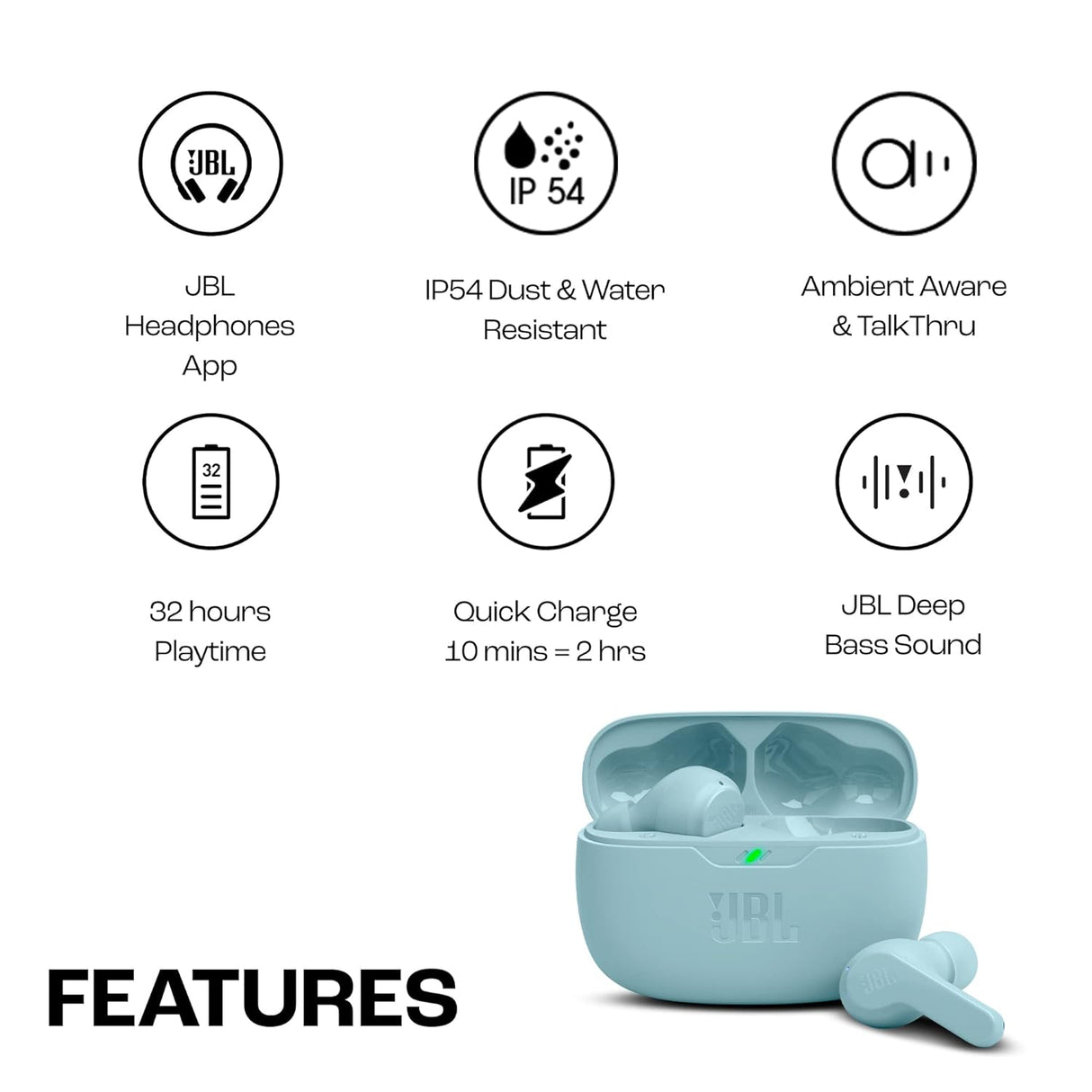 JBL Wave Beam in-Ear Wireless Earbuds (TWS) with Mic,App for Customized Extra Bass Eq,32 Hours Battery&Quick Charge,Ip54 Water&Dust Resistance,Ambient Aware&Talk-Thru,Google Fastpair (OPENBOX)