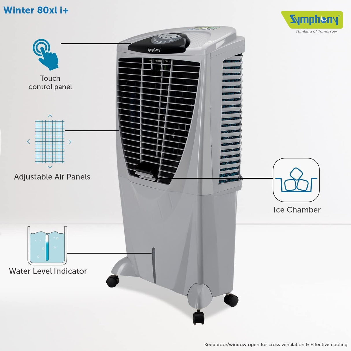 Symphony Winter 80 XL i+ Powerful Desert Air Cooler 80-litres with Remote, +Air Fan, 4-Side Honeycomb Pads, Whisper-Quiet Performance (Grey) (OPENBOX)