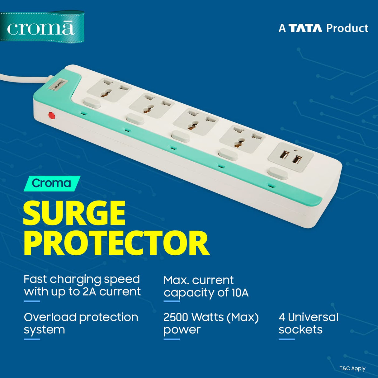 Croma 4 Way Extension Board Surge Protector with 2 USB Charging Ports and 4 Universal Socket - 10 Amp 3meter Heavy Duty Wire (CRCP1001, White and Blue) (OPENBOX)