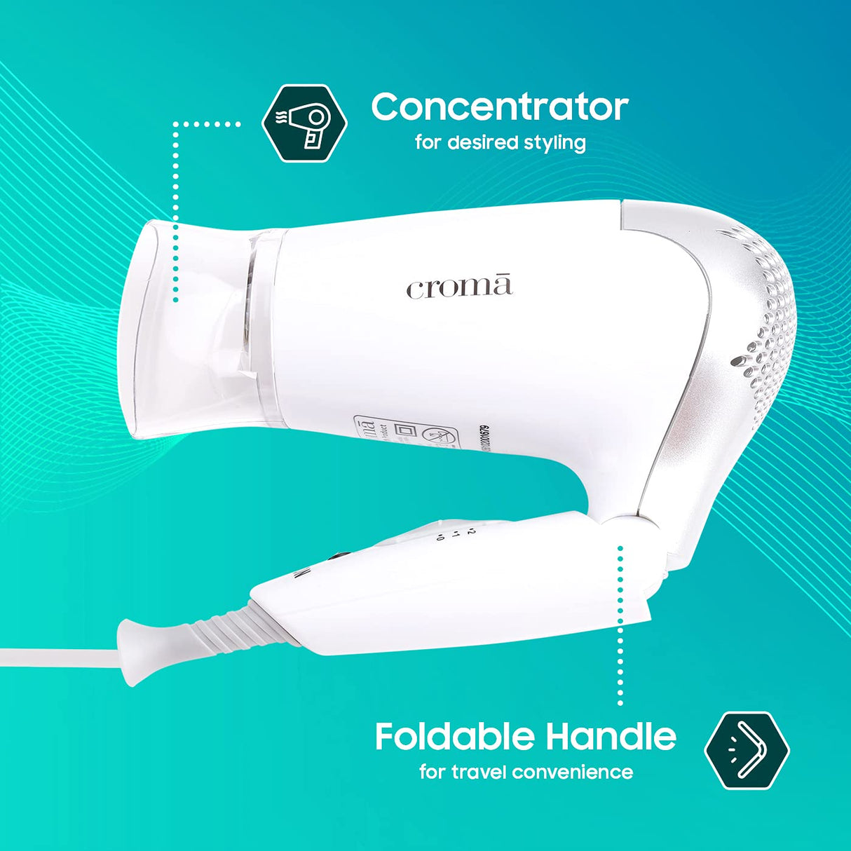 Croma 1200W Dual Voltage, Foldable Hair Dryer with 2 speed Settings (CRAH4056, Grey & White) (OPENBOX)