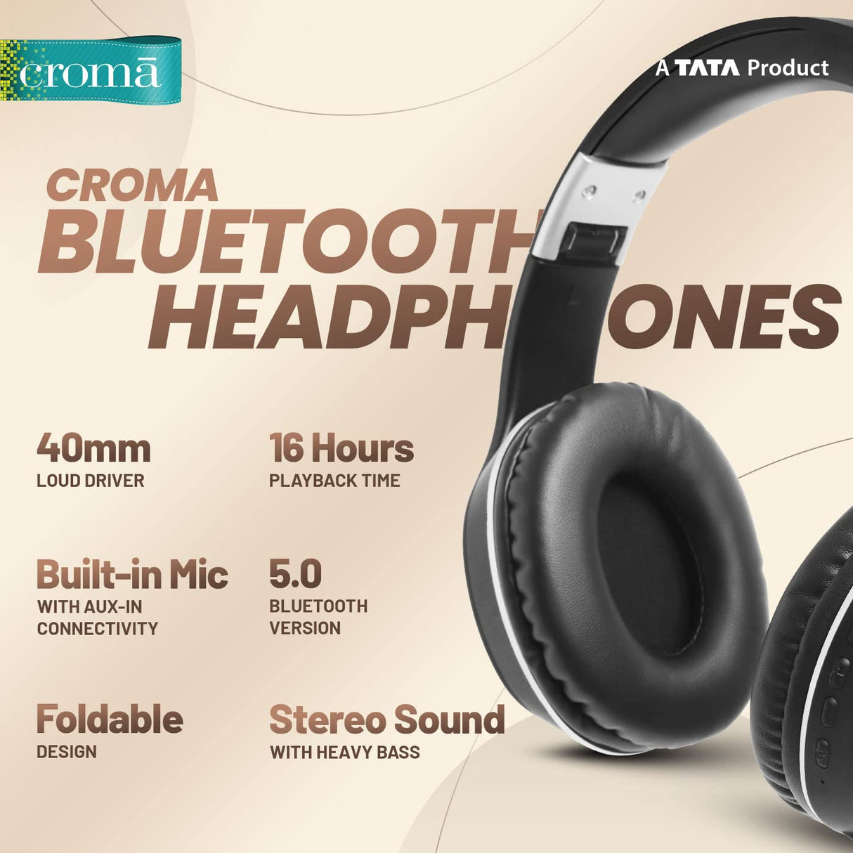 Croma Bluetooth Headphone with Mic (CREEH1904sHPA4, Black) (OPENBOX)