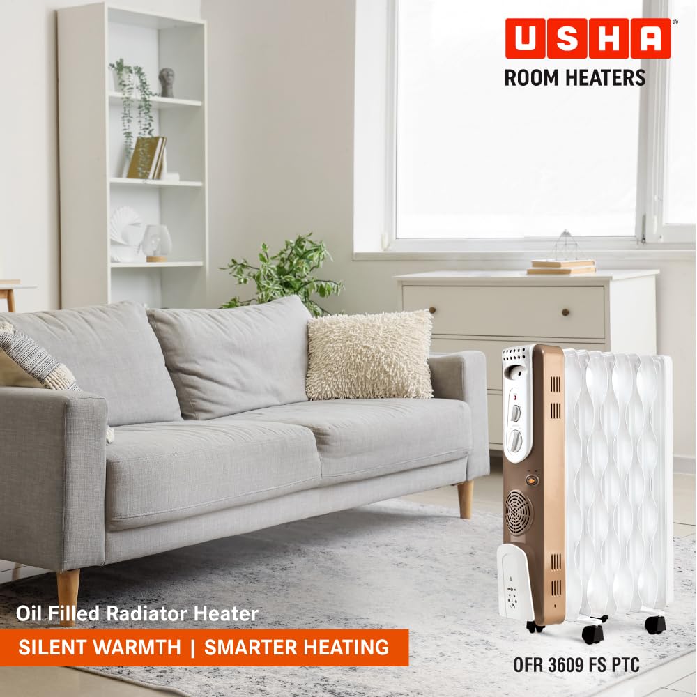 USHA 9 Fin Oil Filled Room Heater (OFR) | 2400W | ISI Approved | PTC Fan Heater | In-built tip over Safety Switch | White OPEN BOX