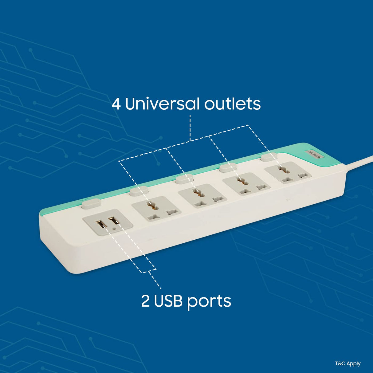 Croma 4 Way Extension Board Surge Protector with 2 USB Charging Ports and 4 Universal Socket - 10 Amp 3meter Heavy Duty Wire (CRCP1001, White and Blue) (OPENBOX)