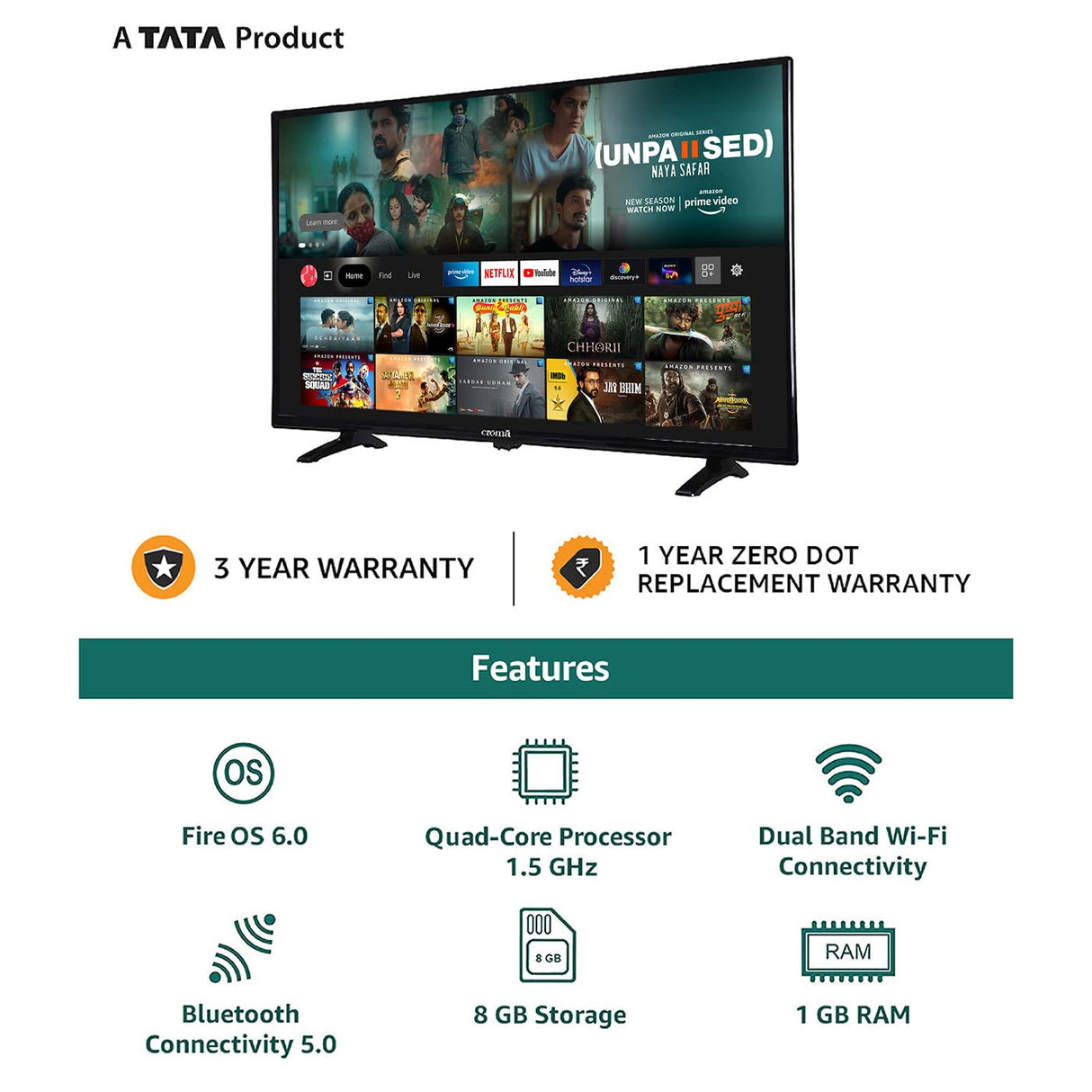 Croma 108 cm (43 inches) Fire TV Edition Full HD Smart LED TV (CREL7365, Black) (OPENBOX)