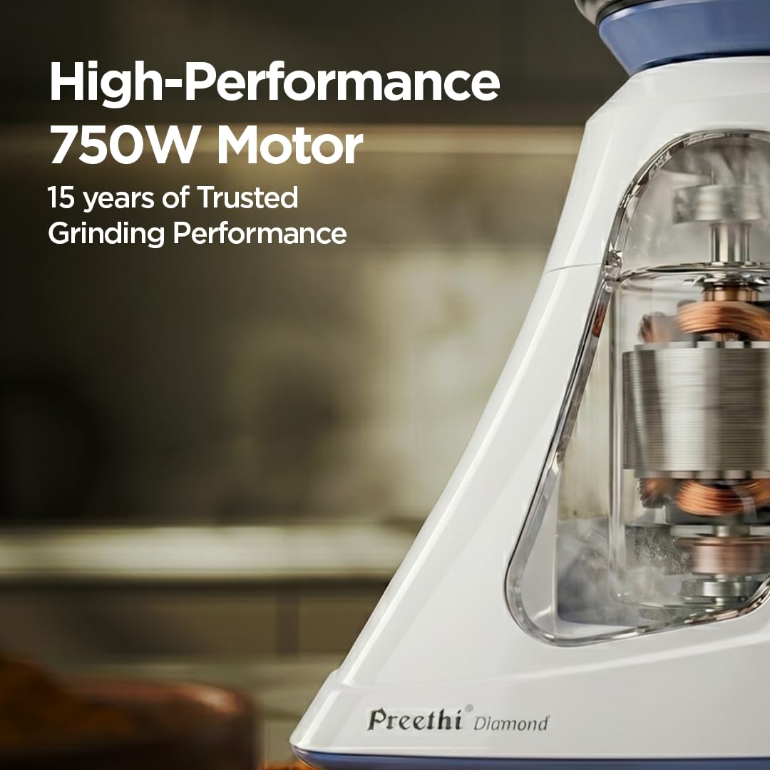 Preethi Diamond 750 Watts Mixer Grinder, 3 Jars (Stainless Steel) + Flexi Lid, Perfect Grinding for Masalas, Chutneys and Batters - OPEN BOX