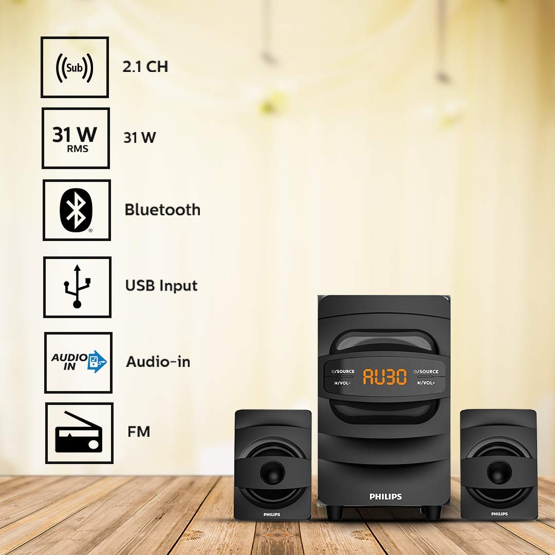PHILIPS Audio MMS2625B 2.1 Channel, Bluetooth connectivity, Wired Multimedia Computer Speaker - Black (OPENBOX)