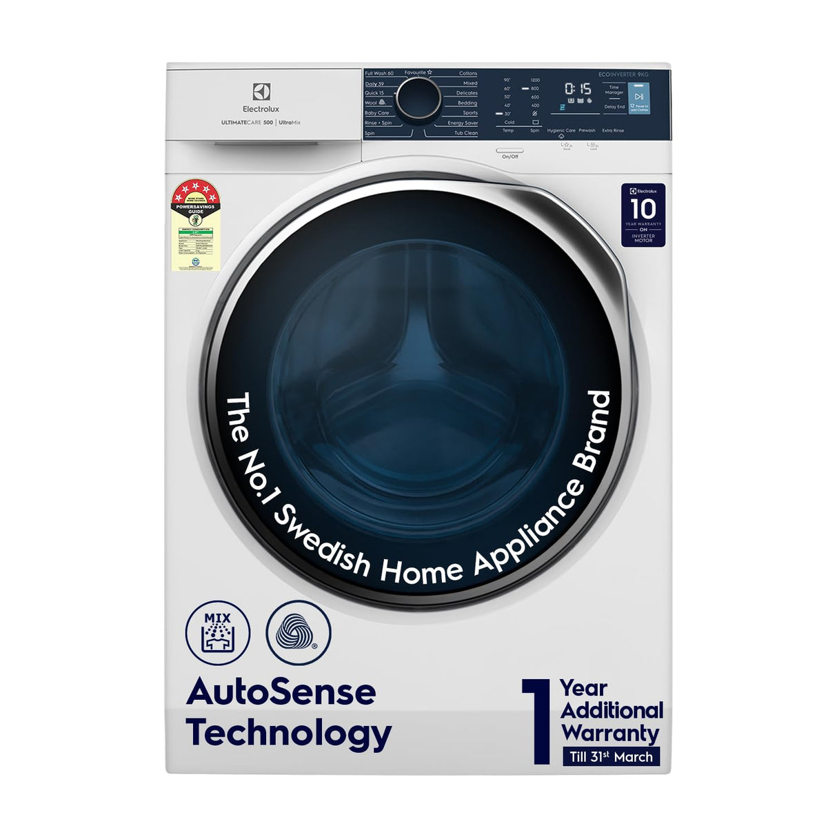 Electrolux 9kg 5 Star Fully Automatic Front Load Washing Machine with UltraMix, Full Load Vapour Wash for Sustainable Clothing, Hygienic Care, EcoInverter, White, UltimateCare 500, EWF9024R5WB (OPENBOX)