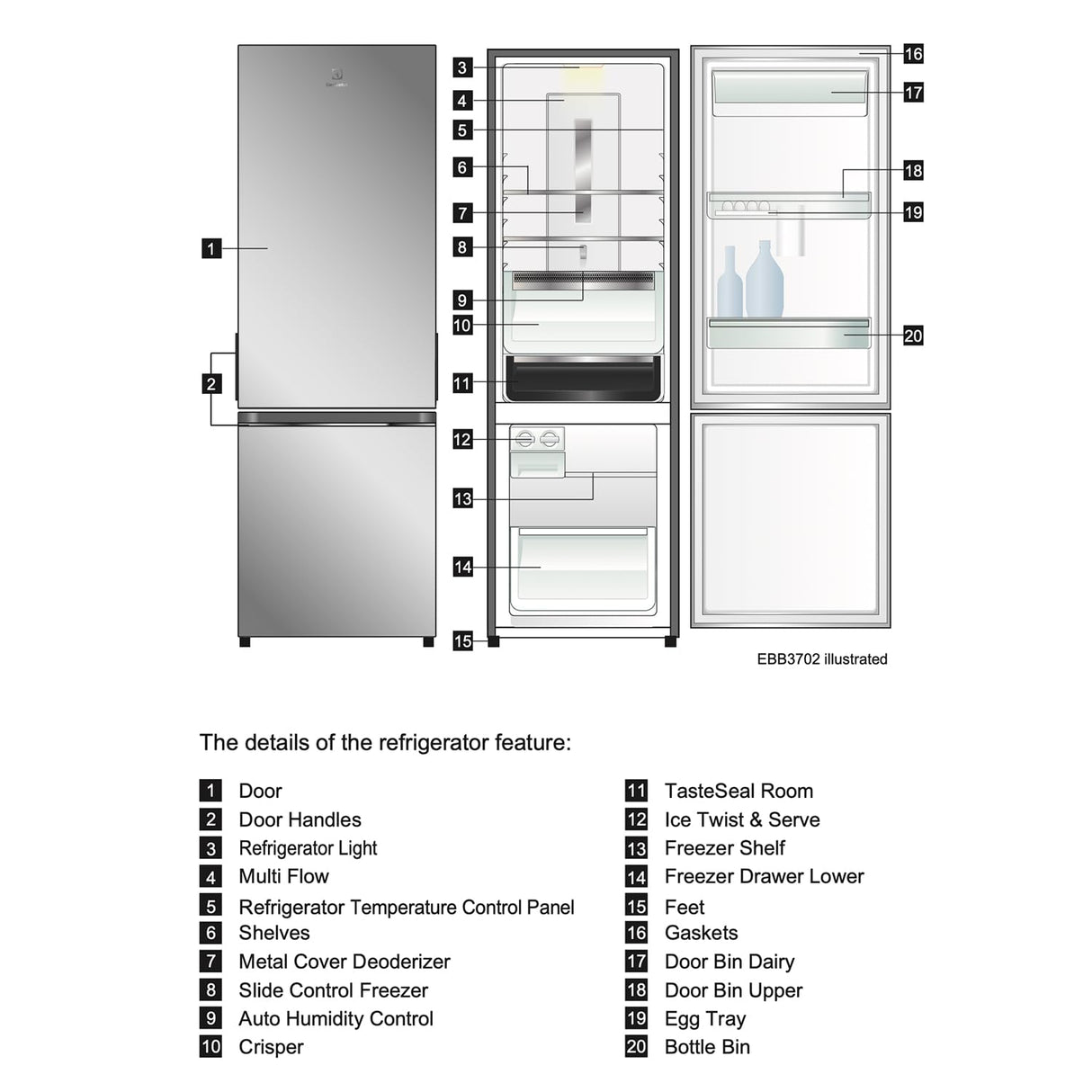 Electrolux 335L Frost Free Double Door Bottom Mount Refrigerator (EBB3702K-H, Glossy Black Steel) (OPENBOX)
