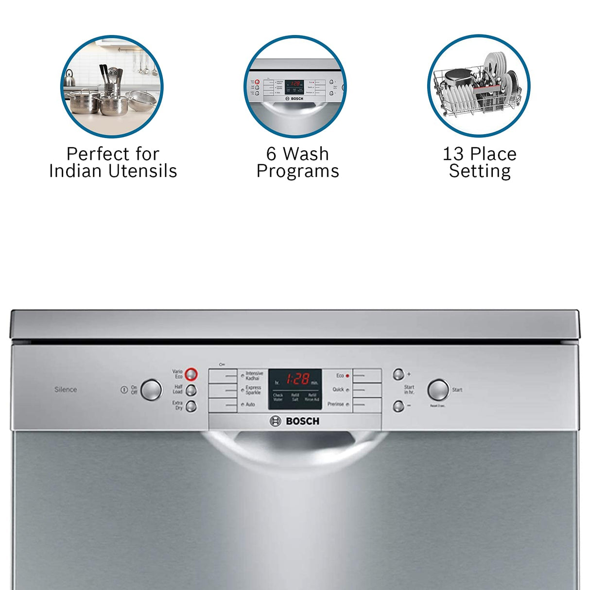 Bosch 13 Place Settings, Free Standing Dishwasher (SMS66GI01I, Silver Inox), extra dry and hygienic wash (OPENBOX)