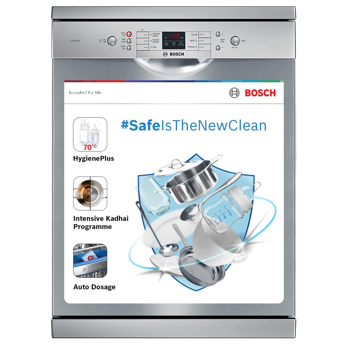 Bosch 13 Place Settings, Free Standing Dishwasher (SMS66GI01I, Silver Inox), extra dry and hygienic wash (OPENBOX)