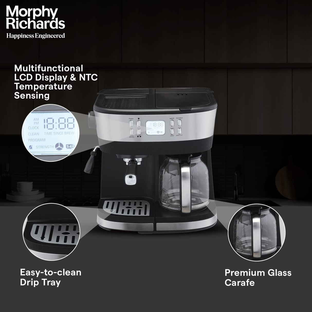 Morphy Richards DuoPresso 2-in-1 Coffee Maker|Drip & Espresso| 15 bar Pressure| Digital Display|Removable Drip Tray| Upto 10 cups* of Coffee| Keep Warm Tray (OPENBOX)