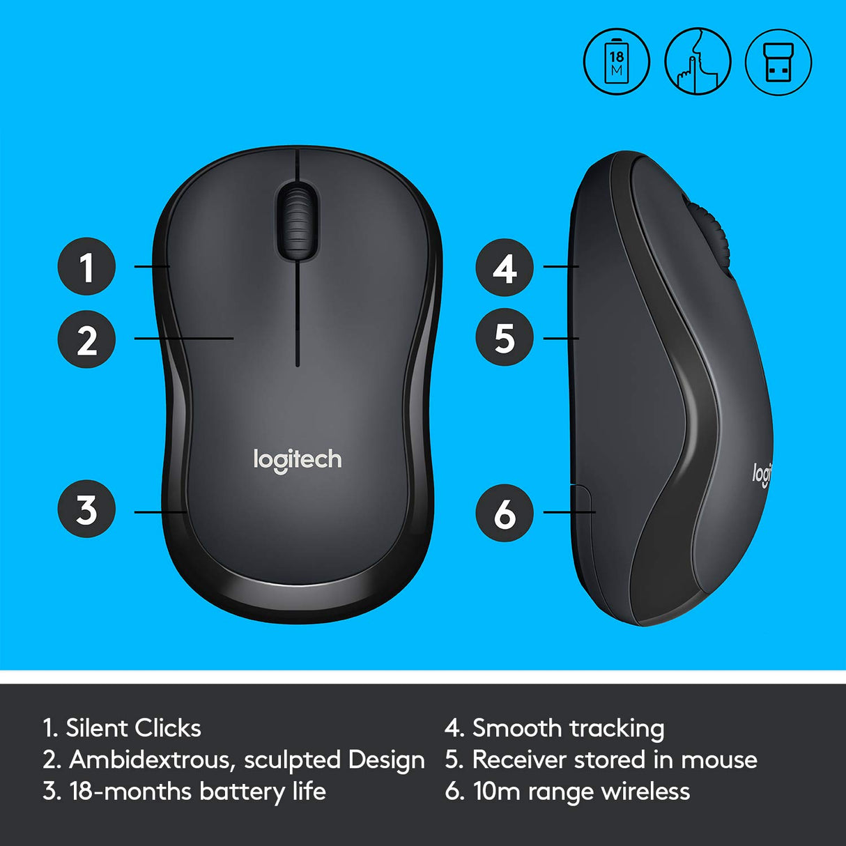Logitech M221 Wireless Mouse, Silent Buttons, 2.4 GHz with USB Mini Receiver, 1000 DPI Optical Tracking, 18-Month Battery Life, Ambidextrous PC/Mac/Laptop - Charcoal Grey (OPENBOX)
