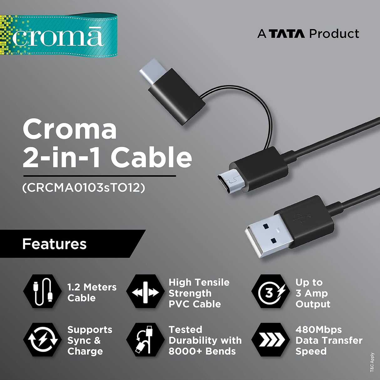 Croma 2-in-1 Cable 1.2M CRCMA0103STO12 (OPENBOX)