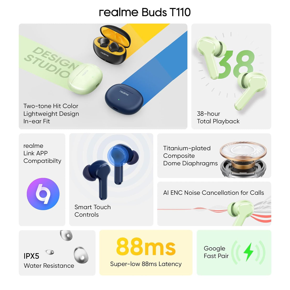 Realme Buds T110 with Ai Enc for Calls, Upto 38 Hours of Playback and Fast Charging Bluetooth in Ear Headset (True Wireless) (OPENBOX)