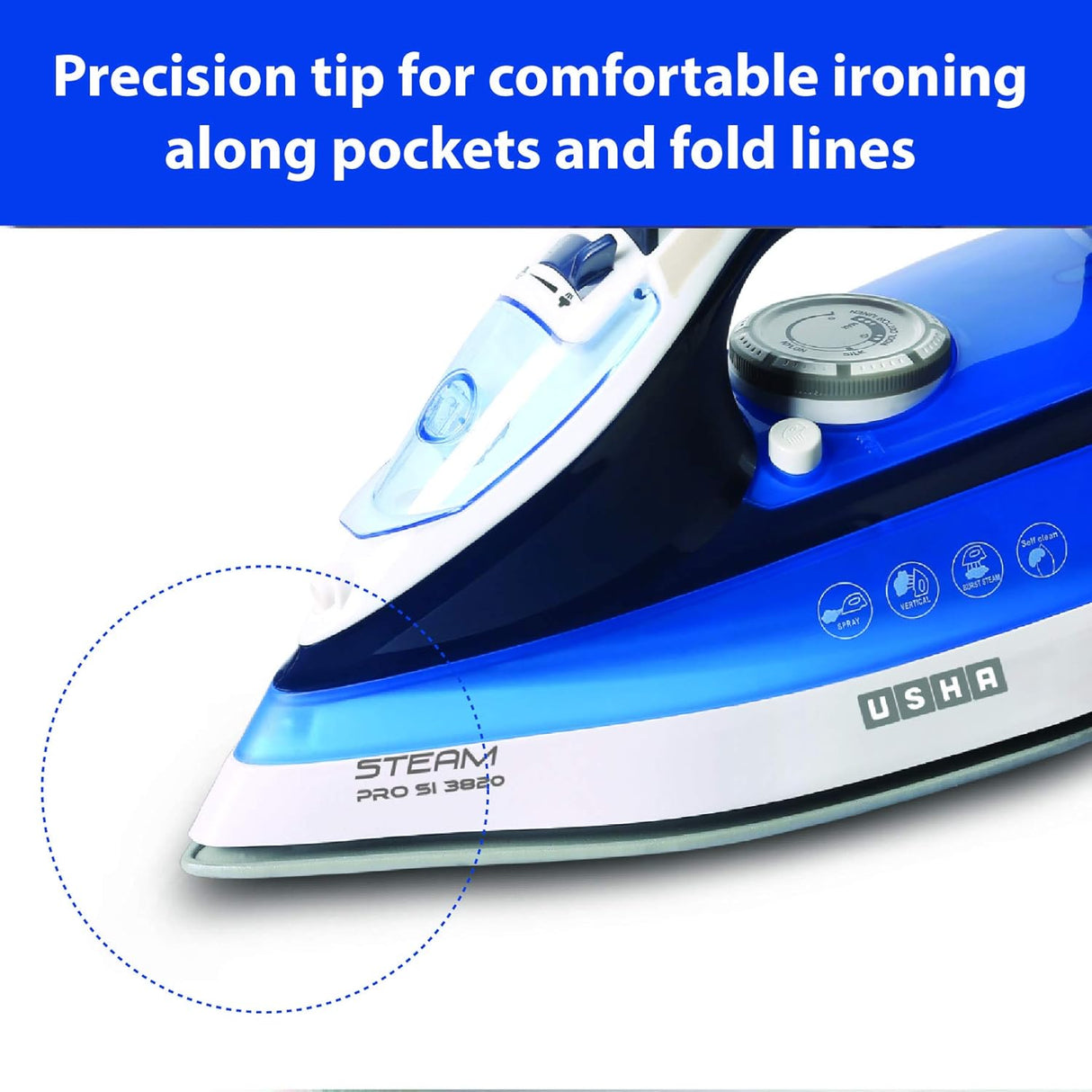USHA Steam Pro Si 3820 Steam Iron 2000 Watts With Easy-Glide Durable Ceramic Soleplate, Powerful Steam Output From 73 Steam Vents, 280 Ml Water Tank (Blue) (OPENBOX)