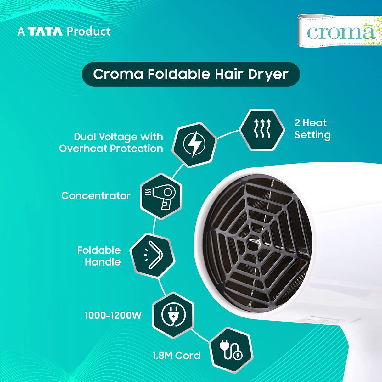 Croma 1200W Dual Voltage, Foldable Hair Dryer with 2 speed Settings (CRAH4056, Grey & White) (OPENBOX)