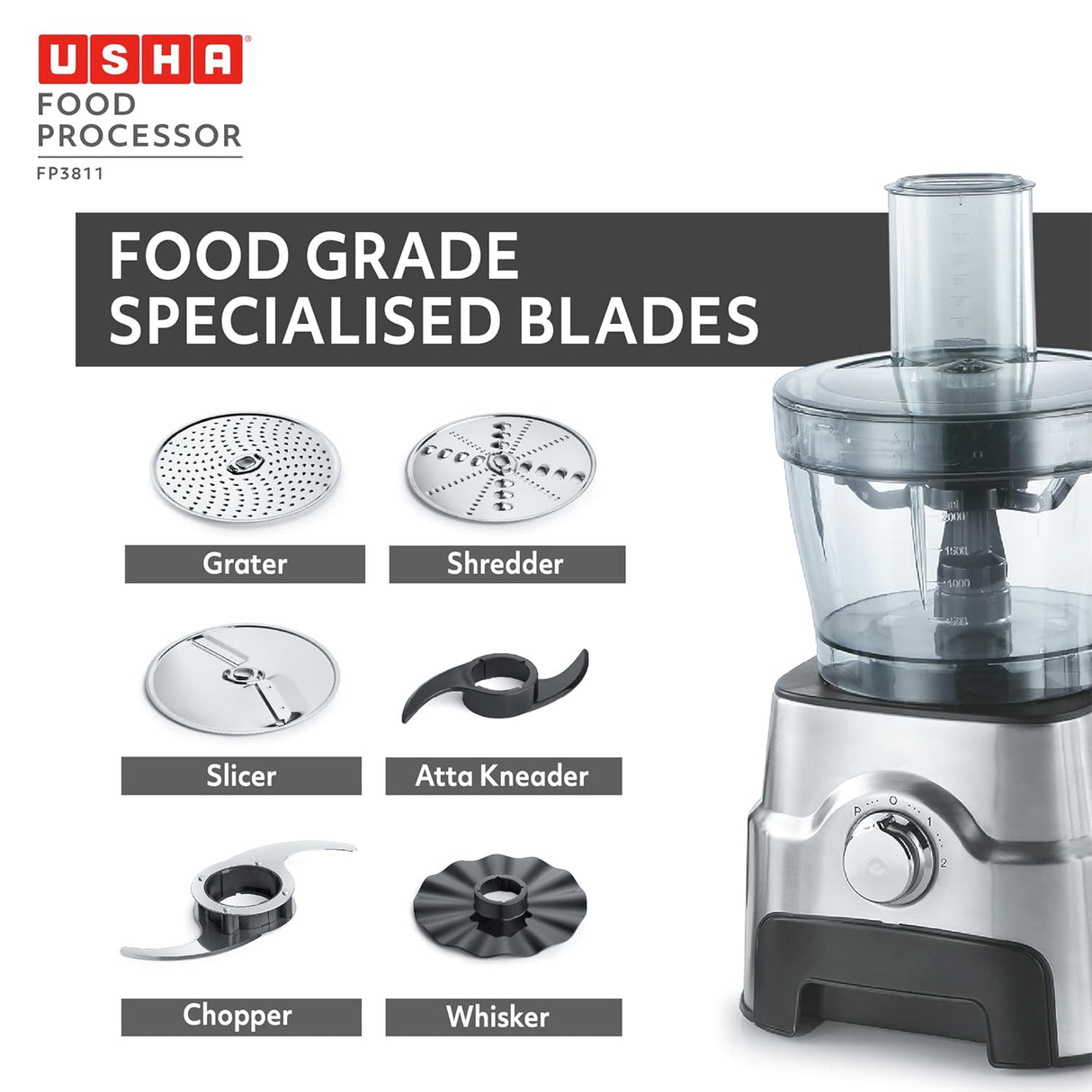 Usha FP 3811 Food Processor 1000 Watts Copper Motor with 13 Accessories(Premium SS Finish), Black and Steel (OPENBOX)