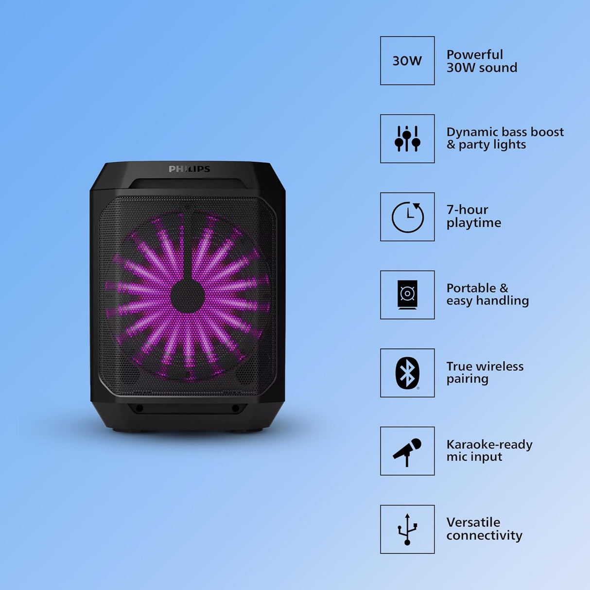 PHILIPS TAX2208 Bluetooth Party Speaker, Dynamic Bass Boost, Bluetooth and Aux-in, Karaoke Microphone Input, Wireless Pairing for Stereo Sound, Up to 7 Hours Battery, Built-in Carry Handle, USB-C (OPENBOX)