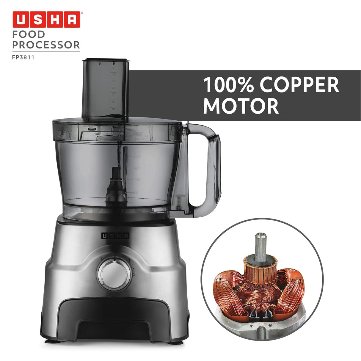 Usha FP 3811 Food Processor 1000 Watts Copper Motor with 13 Accessories(Premium SS Finish), Black and Steel (OPENBOX)
