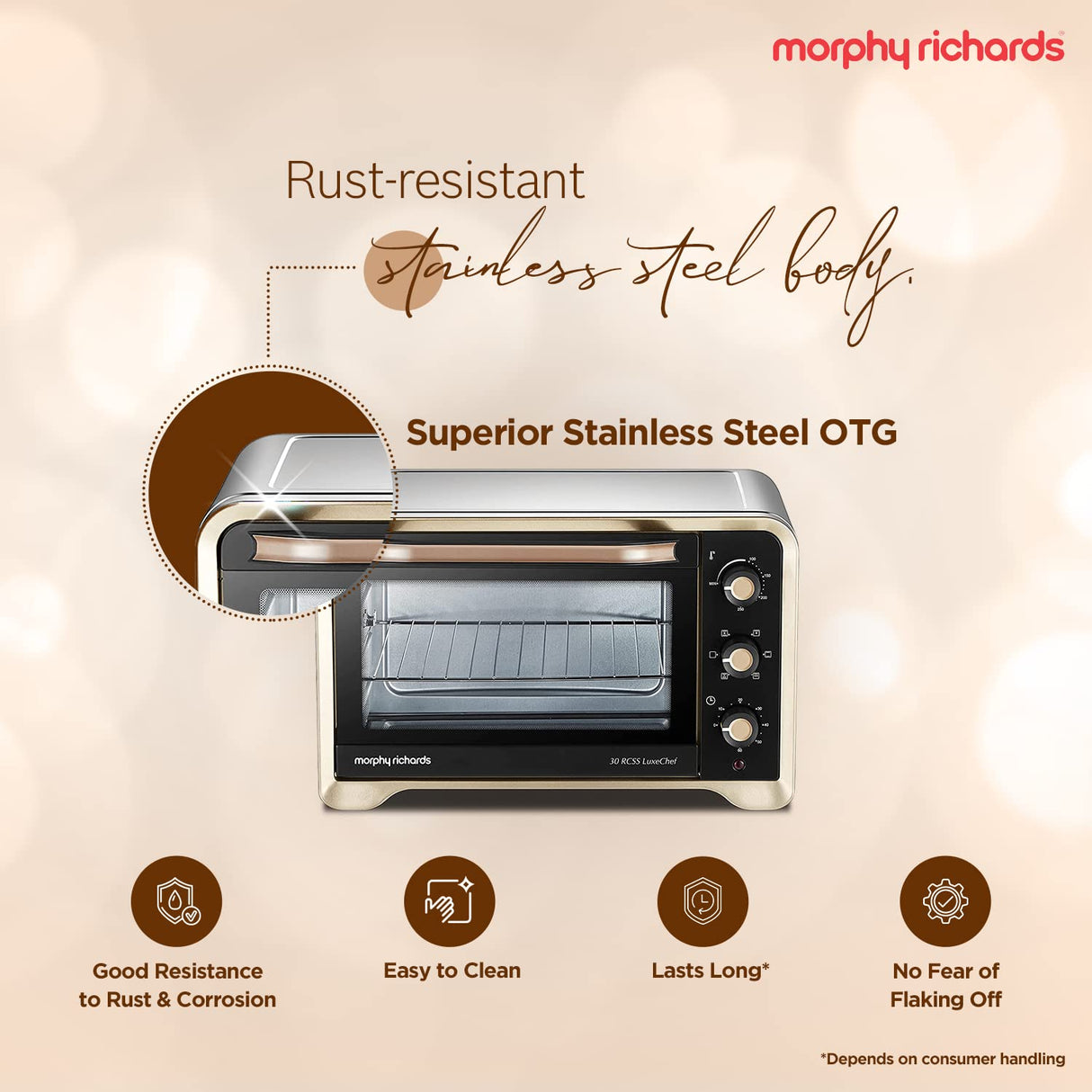 Morphy Richards 30Rcss Otg Oven For Kitchen|30 Litre Oven Toaster Griller|Convection Fan&Rotisserie Function|Stainless Steel Oven|Temperature Control|2-Yr Warranty By Brand|Gold&Black,1600 Watts (OPENBOX)