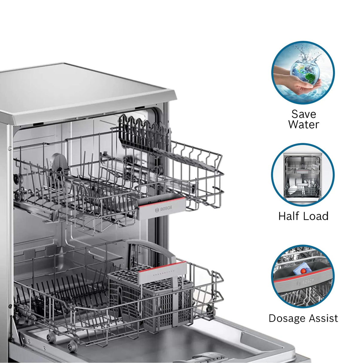 Bosch 13 Place Settings, Free Standing Dishwasher (SMS66GI01I, Silver Inox), extra dry and hygienic wash (OPENBOX)