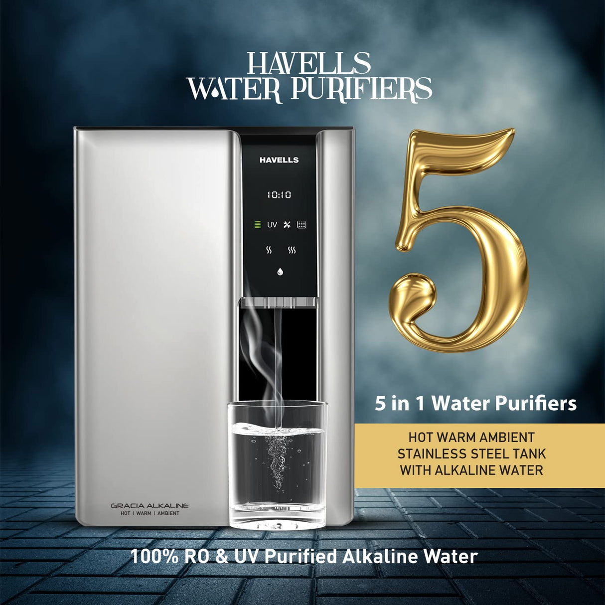 Havells Gracia Alkaline Water Purifier (Silver & Black), RO+UV+Alkaline, Hot, Warm & Ambient Water, Copper+Zinc, 8 Stage Purification, 7.5L SS Tank, Suitable for Borwell, Tanker & Municipal Water (OPENBOX)