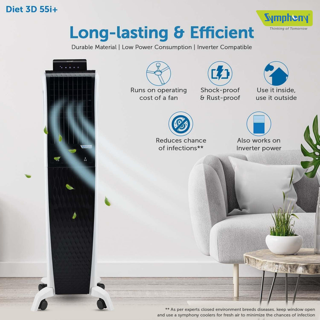Symphony Diet 3D 55i+ Portable Tower Air Cooler For Home with 3-Side Honeycomb Pads, Magnetic Remote, i-Pure Technology and Automatic Pop-Up Touchscreen (OPENBOX)