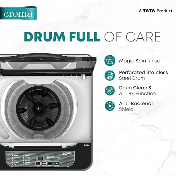Croma 8 kg 5 Star Fully Automatic Top Load Washing Machine (CRLW080FAF202302, Pulsator Wash Technology, Inox Grey) (OPENBOX)