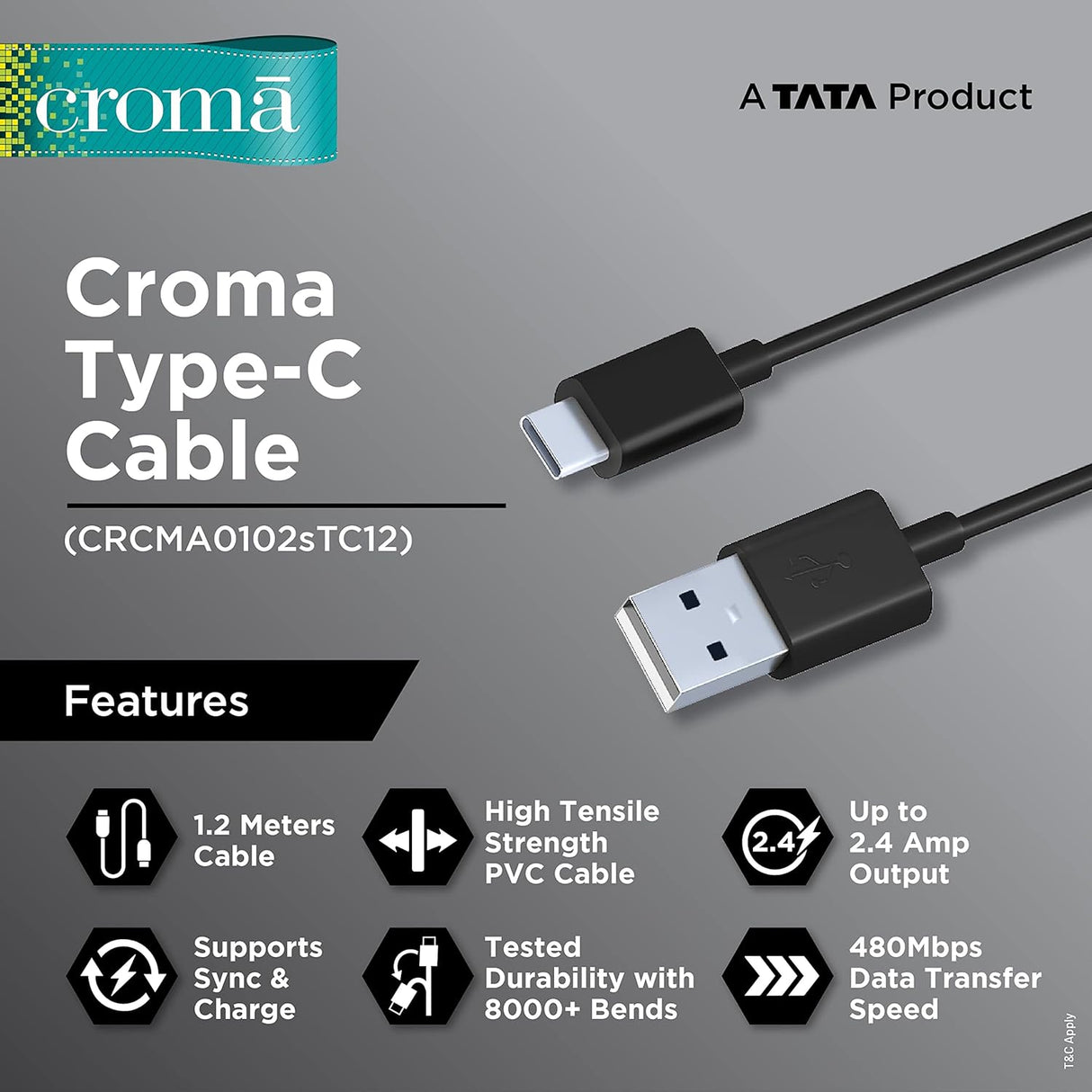 Croma Type-C Cable 1.2M CRCMA0102STC12 (OPENBOX)
