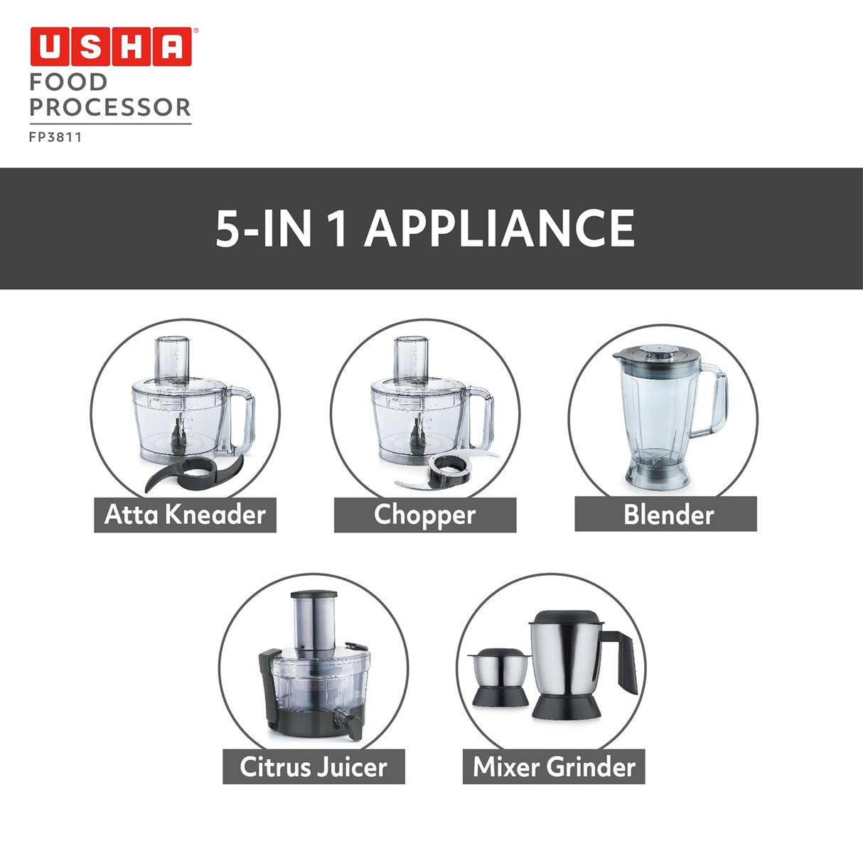 Usha FP 3811 Food Processor 1000 Watts Copper Motor with 13 Accessories(Premium SS Finish), Black and Steel (OPENBOX)