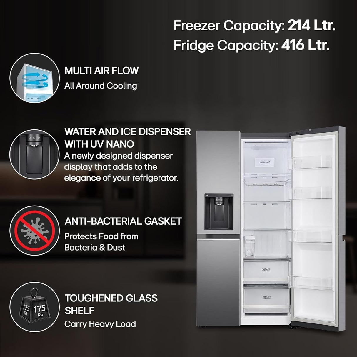 LG 630 Litres 3 Star Frost Free Side by Side Door Smart Wifi Enabled Refrigerator with Multi Air Flow (GL-L257CPZ3, Shiny Steel) (OPENBOX)