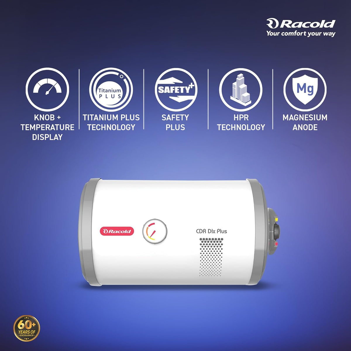 Racold CDR DLX Plus 25L Horizontal Energy Efficient Storage Water Heater(Geyser) with Free Standard Installation & Pipes|Temperature Display & Knob|Fits Under False Ceilings|Titanium Enameled Coating - OPEN BOX