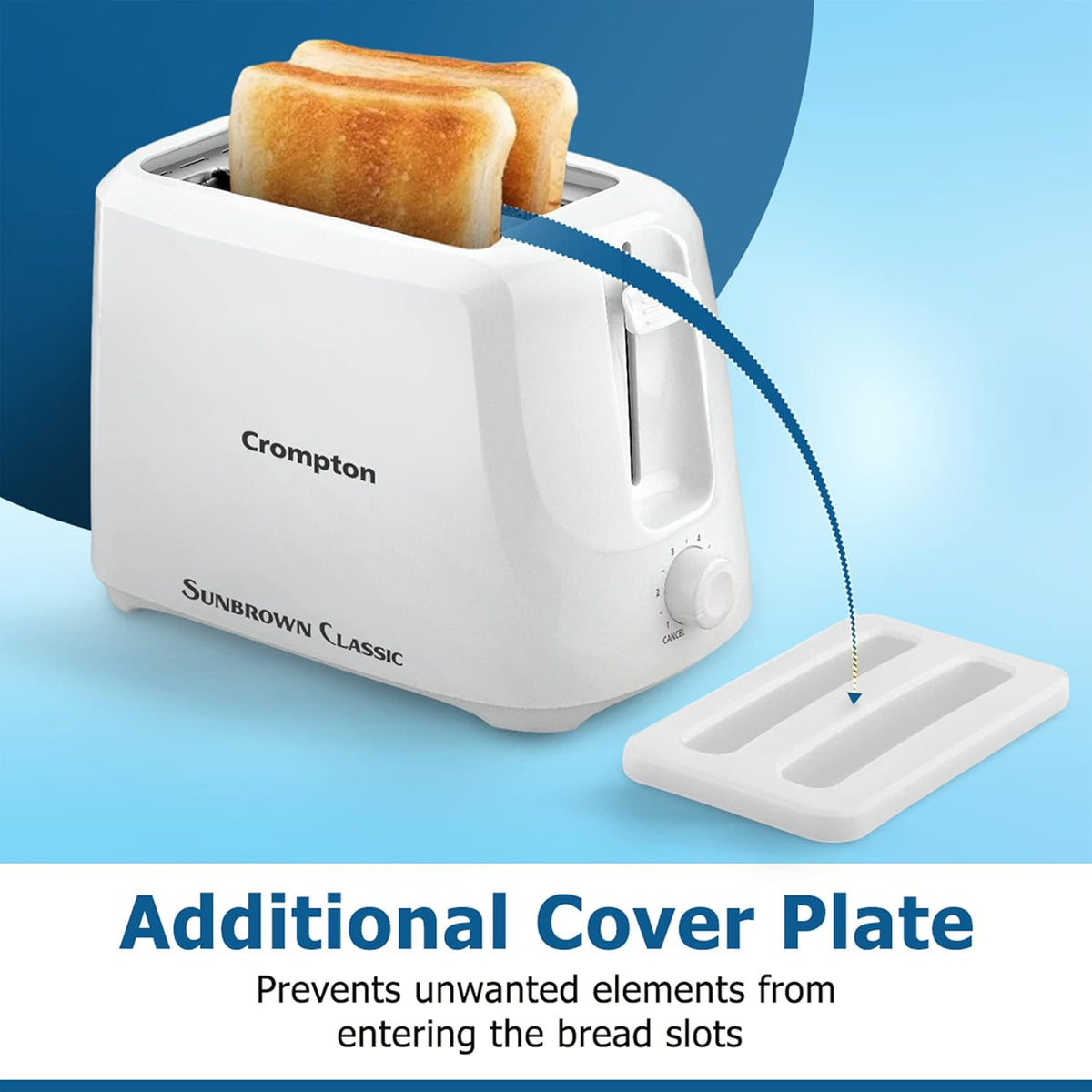 Crompton SunBrown Classic Pop-up Toaster 700W with Removable Crumb Tray | 6 Browning Levels with Cancel Function | Dust Cover Plate | White Cool Touch Body - OPEN BOX