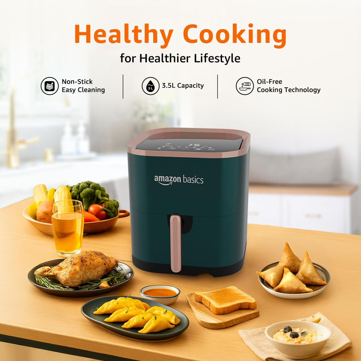 Amazon Basics 3.5L Electric Air Fryer | 1200 W | Temp. Settings Up to 200°C | 7 Pre-set Options | 36